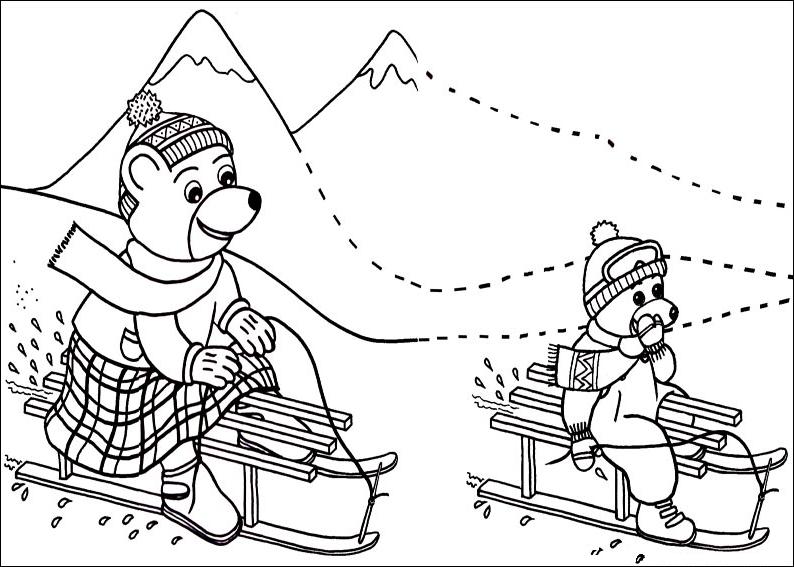 coloriage petit ours brun et sa maman font de la luge